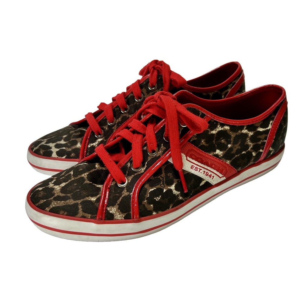 COACH DEJA Canvas Leopard Print Red Trim Sneakers Womens size 9.5M - Picture 1 of 9
